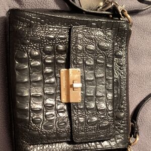 Brahmin Black Croc-Embossed Crossbody with Gold Accents